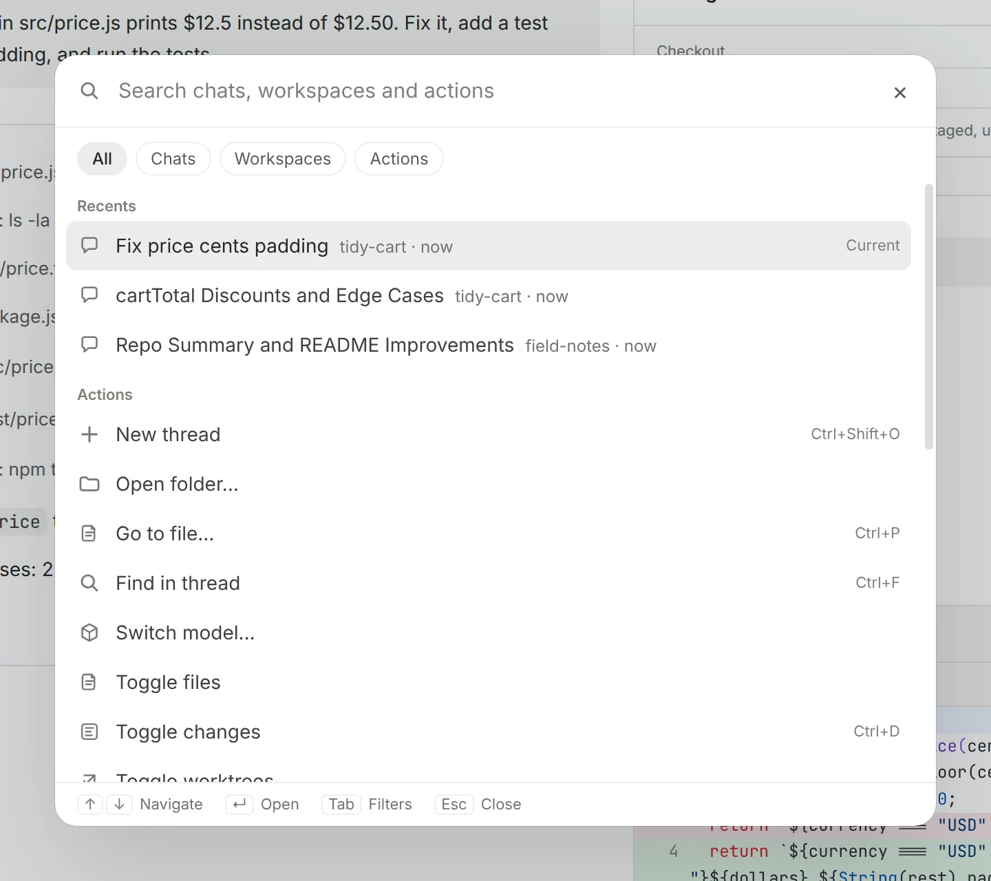 The command palette listing recent chats and actions