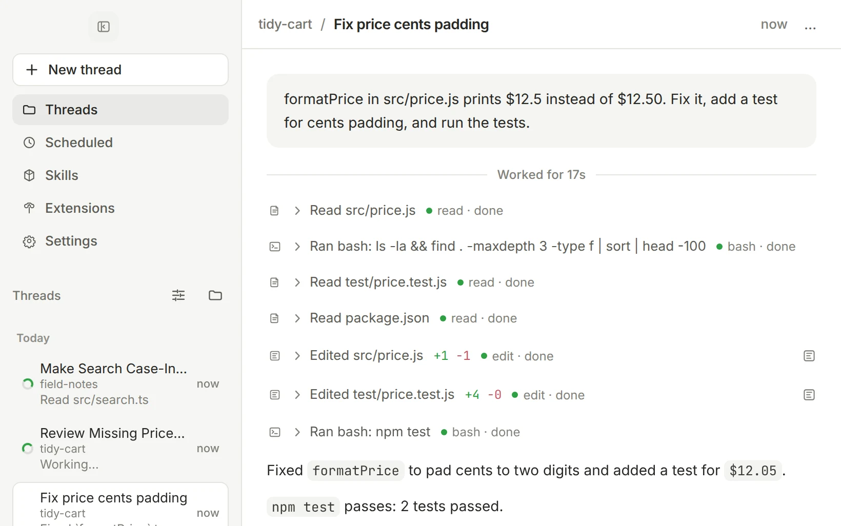 pi-gui running an agent thread while two other threads sit in the sidebar